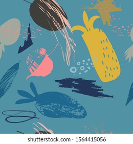 Abstract modern trendy seamless pattern. Contemporary grunge background. Hand drawn various shapes, lines and doodle objects.   Perfect for textile fabric or paper print. Vector artistic  illustration