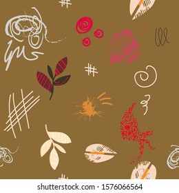 Abstract modern trendy seamless pattern. Contemporary grunge background. Hand drawn various shapes, lines and doodle objects.   Perfect for textile fabric or paper print. Vector artistic  illustration