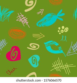 Abstract modern trendy seamless pattern. Contemporary grunge background. Hand drawn various shapes, lines and doodle objects.   Perfect for textile fabric or paper print. Vector artistic  illustration