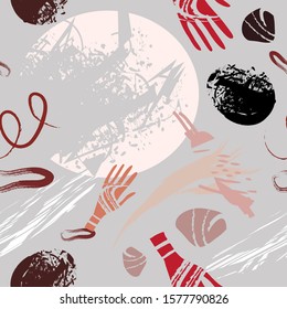 Abstract modern trendy seamless pattern. Contemporary grunge background. Hand drawn various shapes, lines and doodle objects.   Perfect for textile fabric or paper print. Vector artistic  illustration
