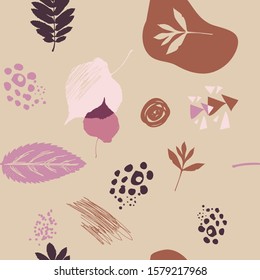 Abstract modern trendy seamless pattern. Contemporary grunge background. Hand drawn various shapes, lines and doodle objects.   Perfect for textile fabric or paper print. Vector artistic  illustration