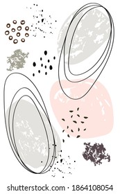 Resumen de diseño moderno y sin fisuras patrón de varias formas ovales dibujadas a mano en diferentes colores y texturas de manchas acuáticas, salpicaduras de pintura, líneas negras de hilos en un fondo blanco 