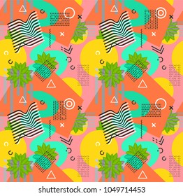 Abstract modern trendy style hipster geometry seamless pattern background design with bushes,palm leaf,plant.  Trendy creative vector.  Poster,card,flyer,decoration seamless pattern concept