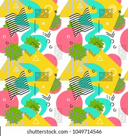 Abstract modern trendy style hipster geometry seamless pattern background design with bushes,palm leaf,plant.  Trendy creative vector.  Poster,card,flyer,decoration seamless pattern concept