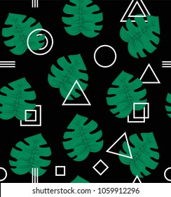 Abstract modern trendy style hipster geometry seamless pattern background design with tropical palm leaves,plant.  Trendy creative vector.Poster,card,flyer,minimal decoration seamless pattern concept