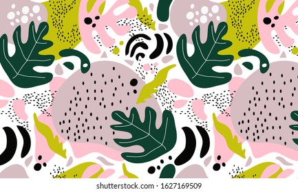 Abstract modern trendy vector seamless pattern. Hand drawn various shapes and doodle objects. Horizontal endless ornament with tropical leaves