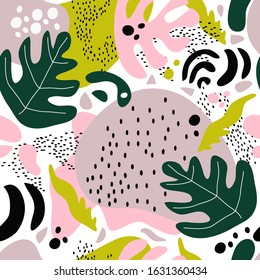 Abstract modern trendy vector seamless pattern. Hand drawn various shapes and doodle objects. Endless ornament with tropical leaves