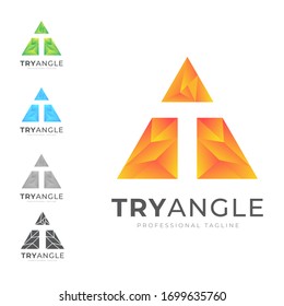 Abstract Modern Triangle Logo with Letter T Shape Incorporated Inside. Multiple Color-variation, Grey scale and Minimal Version Included