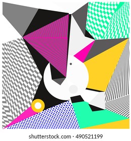 Abstract modern triangles background pattern illustration. Space layout and design template. Composition of pattern with Memphis colors and style.
