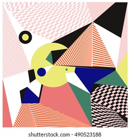 Abstract modern triangles background pattern illustration. Space layout and design template. Composition of pattern with Memphis colors and style.