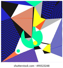 Abstract modern triangles background pattern illustration. Space layout and design template. Composition of pattern with Memphis colors and style.