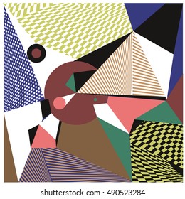 Abstract modern triangles background pattern illustration. Space layout and design template. Composition of pattern with Memphis colors and style.