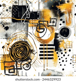 Abstract modern tribal ethnic style geometric hand drawn painted watercolor seamless pattern with spiral, grid, spots, squares, circles, dots, doodle lines. Creative artistic graffiti style pattern,