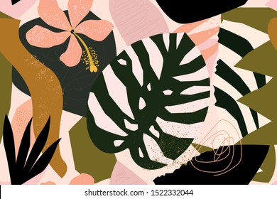 Abstract modern tropical paradise collage with various of fruits, exotic plants and geometrical shapes seamless pattern. Contemporary floral illustration for fabric design.