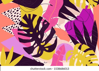 Abstract modern tropical paradise collage with various of fruits, exotic plants and geometrical shapes seamless pattern. Contemporary floral illustration for fabric design.