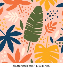 Abstract modern tropical pattern with bright leaves and plants. Summer background with exotic colorful shapes. Trendy illustration for wrapping paper, textile print, wallpaper. Vector illustration