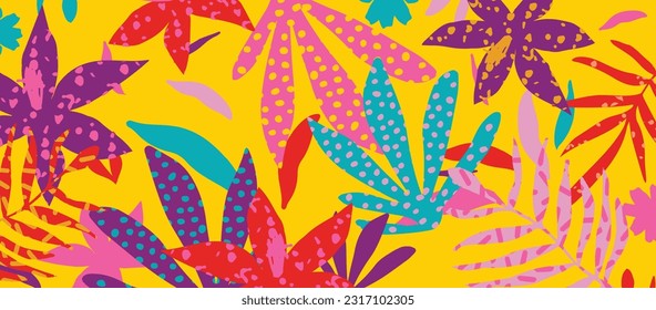 Resumen de diseño tropical moderno con hojas brillantes, flores vibrantes y plantas exóticas. Fondo botánico de verano con formas de corte coloridas ilustración vectorial