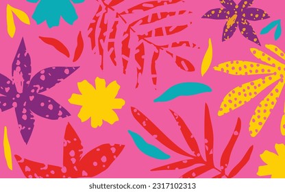 Resumen de diseño tropical moderno con hojas brillantes, flores vibrantes y plantas exóticas. Fondo botánico de verano con formas de corte coloridas ilustración vectorial