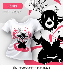 Abstract modern t-shirt print design with deer. Vector illustration.