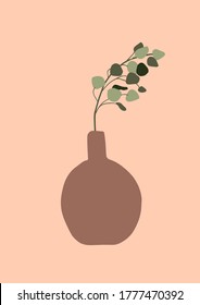 Abstract modern vase with eucalyptus leaves card on light background. Fashion minimal trendy art in paper cut mosaic flat style minimal poster print. Vector hand drawn illustration