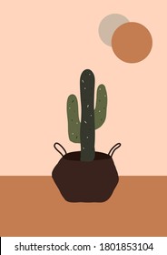 Abstract modern vase with tropical cactus on light background. Fashion minimal trendy art in flat style minimal poster print. Vector hand drawn illustration