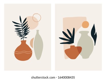 Abstract modern vase with tropical leaf. Minimal trendy art vector flat illustration. Poster print