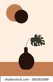Abstract modern vase with tropical leaf on light background. Fashion minimal trendy art in flat style minimal poster print. Vector hand drawn illustration