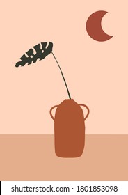 Resumen de jarrón moderno con hoja tropical sobre fondo claro. Arte moderno de moda minimalista con estampado minimalista de afiches de estilo plano. Ilustración dibujada a mano por el vector