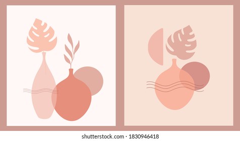 Abstract modern vase with tropical leaf. Vector set of creative botanical backgrounds in minimal trendy style