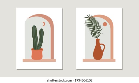 Resumen de jarrón moderno con hoja tropical. Colección de afiches artísticos contemporáneos. Ilustración plana vectorial de arte de moda mínima.