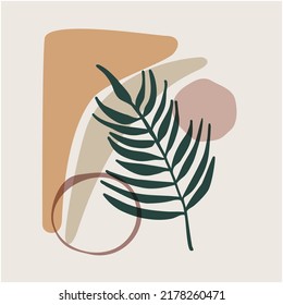 Abstract Modern Vase with Tropical Leaf. Neutral Art, Minimalist Shapes, Boho Decor, Earth Tones. Postcard or brochure cover design