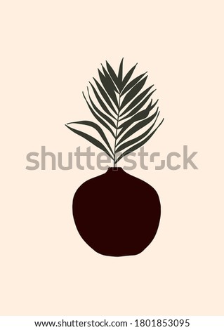 Abstract modern vase with tropical leaf on light background. Fashion minimal trendy art in flat style minimal poster print. Vector hand drawn illustration