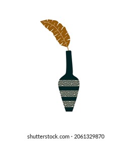 Abstract modern vase with tropical leaves on a white background. Fashionable minimalism of fashionable art in the apartment style minimal poster print. Vector hand-drawn illustration.