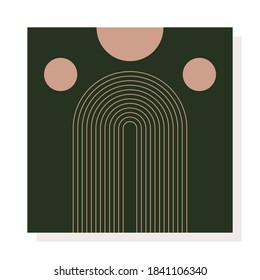 Abstract modern Vector Background. Circles, Lines, Curves. Geometrical Design. Minimalistic boho elegant concept. Square Pattern. Green and pink colors. Poster template. Isolated on white