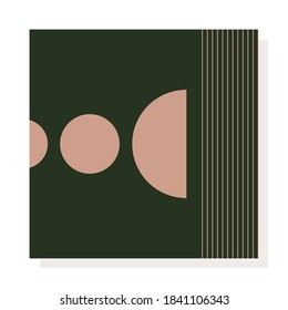 Abstract modern Vector Background. Circles, Lines, Curves. Geometrical Design. Minimalistic boho elegant concept. Square Pattern. Green and pink colors. Poster template. Isolated on white