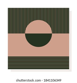 Abstract modern Vector Background. Circles, Lines, Curves. Geometrical Design. Minimalistic boho elegant concept. Square Pattern. Green and pink colors. Poster template. Isolated on white