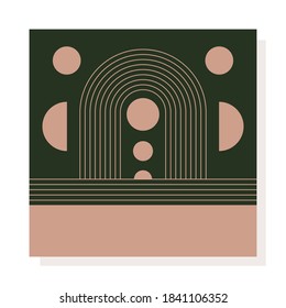 Abstract modern Vector Background. Circles, Lines, Curves. Geometrical Design. Minimalistic boho elegant concept. Square Pattern. Green and pink colors. Poster template. Isolated on white