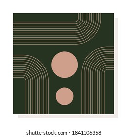 Abstract modern Vector Background. Circles, Lines, Curves. Geometrical Design. Minimalistic boho elegant concept. Square Pattern. Green and pink colors. Poster template. Isolated on white