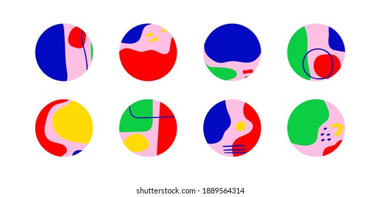 Resumen de fondos vectores modernos. Colores brillantes. Dibujaron varias formas a mano. Conjunto de ocho patrones redondos. Diseño contemporáneo. Historias de medios sociales o plantilla de avatar. Cada icono está aislado en blanco