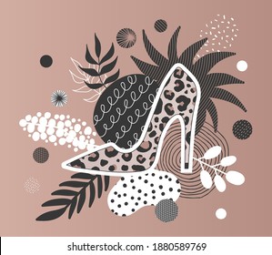 Abstract modern vector digital collage poster with leopard high-heeled shoes and liquid circles shape,doodle element on background.Creative template banner,fashion beauty glamour industry,social media