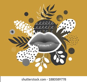 Abstract modern vector digital collage poster with lips and liquid circles shape with doodle element on background. Creative template for banner, fashion industry, design events, post in social media.