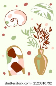 Abstract modern vector illustration. Drawn by hand. Shell, vase, leaves, spots, arches, stones. Natural abstract elements.