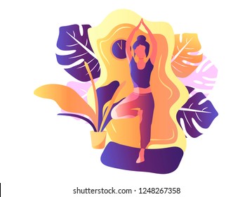 Abstract modern vector illustration isolated on white background with flowers. Yoga at home.