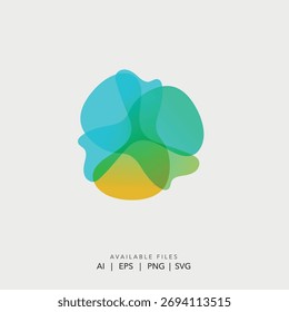 Abstract Modern Vector Logo Overlapping Translucent Fluid Shapes, Corporate Business Icon Bright Gradient Colors Teal Blue Green Yellow