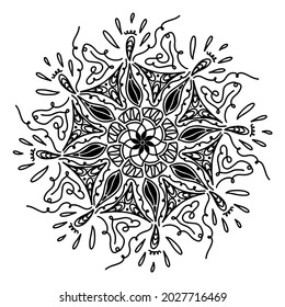 Abstrakte moderne Vektormandala mit Gürteln, Tropfen, Blättern, Blume, dreieckig im Doodle-Stil einzeln auf weißem Hintergrund. Illustration für saisonales Design, Textilien, Dekoration Grußkarte.