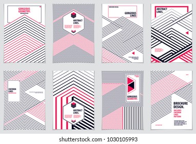 Abstracto Vector moderno mínimo Volantes de plantilla. Conjunto de fondos abstractos de patrones geométricos vectoriales. Diseñar plantillas para folletos, tarjetas de felicitación, invitaciones y publicidad. Formato de impresión A4.