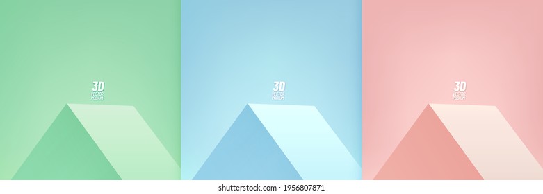 Abstract modern vector rendering 3d shape for cosmetic products display presentation. Set of green, blue, pink triangle shape pedestal podium design. Pastel color minimal wall scene. Vector EPS10