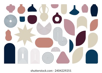 Abstract, Modern Vector Set, Geometric Shapes, Vases and Linear Elements. Vector Figures And Forms With Bauhaus and Y2k Aesthetics. Minimalistic, Bold, Circles, Lines, Flowers in Contemporary Style.