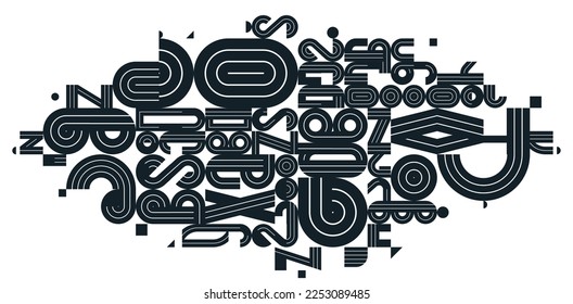 Abstraktes modernes Vektordesign, geometrische Formen, stilvolle Komposition, Schwarz-Weiß-Muster künstlerische Illustration, verwendete Schriftbuchstaben.