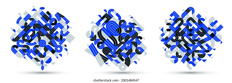 Abstrakter moderner Vektordesign-Satz, blau geometrische Formen stylische Kompositionen, modulare Muster künstlerische Illustrationen, verwendete Schriftbuchstaben Elemente.